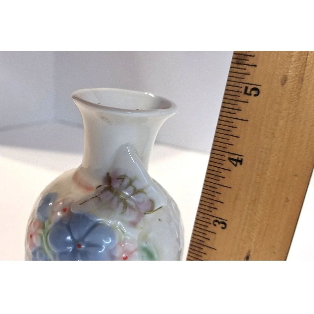 Vintage Miniature Porcelain Bud Vase Floral Butterfly Relief White Blue 4 Inch